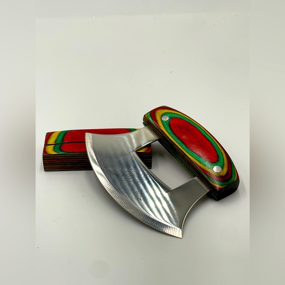 Alaska Ulu Knife Natural Exotic Wood Stand Etched Blade - Picture 2 of 4